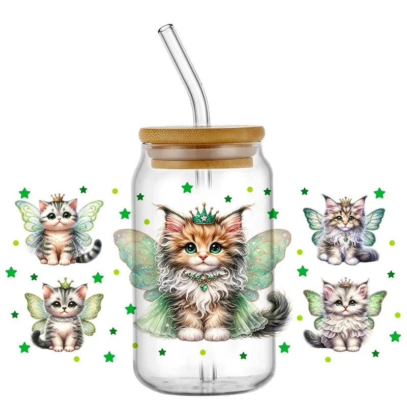 Cartoon Butterfly Kitten UV DTF Transfer Cup Wraps Scratch‑Resistant Easy‑Apply Stickers for 16oz Glass Jar DIY Cup Decor
