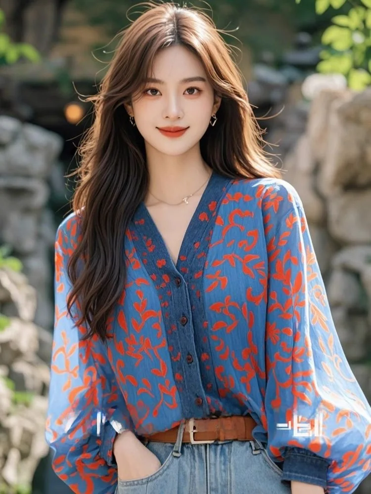 

Уникальный шикарный женский топ с цветочным принтом V-Ne Long Sve irt в Корейском стиле, моющийся топ, дышащий, свободный крой, на пуговицах