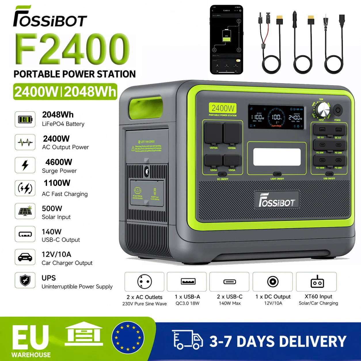 Tragbare Powerstation 2400W 2048Wh LiFePO4, 3 x 230 V AC-Ausgänge …