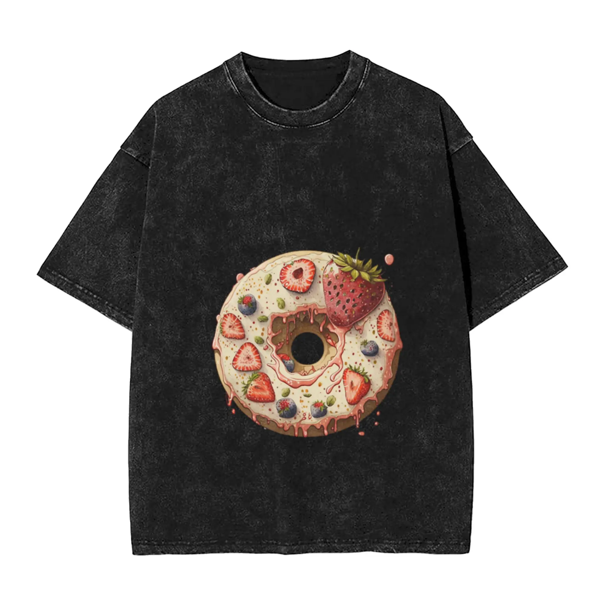 Donut with red strawberries Unique Chic A T-Shirt Oversized Short Sleeve Men's Women's Cotton Tees Tops