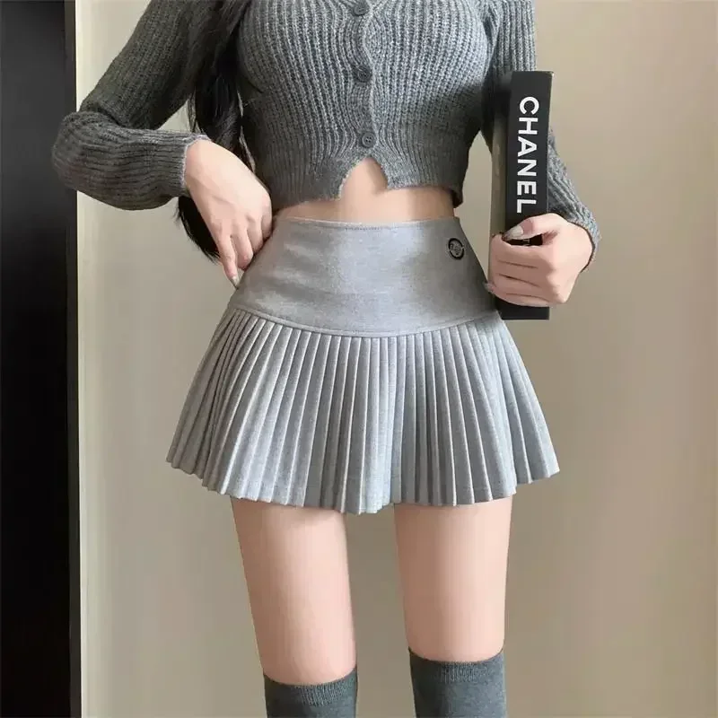 HOUZHOU Woolen Pleated Skirt Women Korean Cute Sexy High Waist A-line Patchwork Extreme Mini Skirt Autumn Winter Vintage School