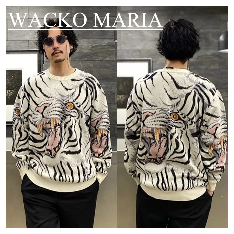 

3 Colours WACKO MARIA Vintage Loose Tiger Totem Cotton High Quality Jacquard Winter High-end Mens Womens Pullover Sweater