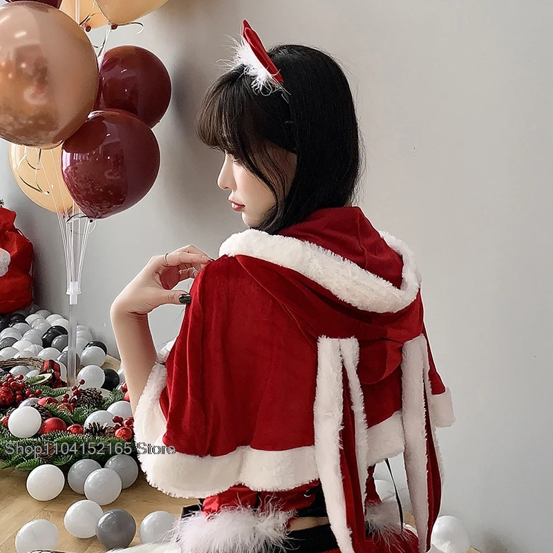 Women Christmas cosplay costume Xmas Lady Santa Claus Cosplay Costume Winter Bunny Girl Cape Cloak Outfits