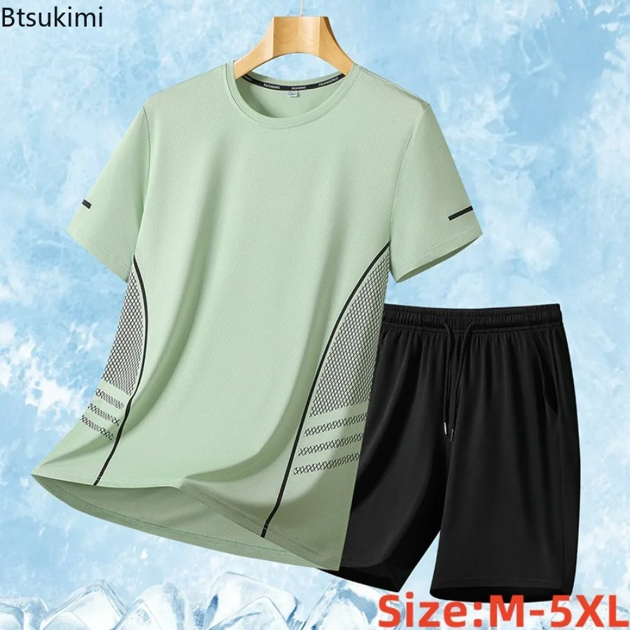 

Men's Sports Two-piece Summer Ice Silk Short Sleeve T-shirt Quick Dry Mesh Sports Fitness Top Fashion Casual T-shirt Shorts Set