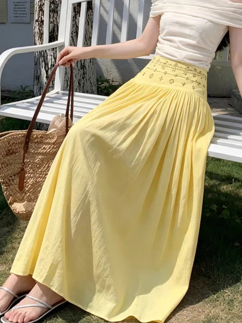 Retro Boho Vacation A-Line Skirts for Women – Lightweight Spring Summer Thin Maxi Skirt, Holiday Casual Flowy Long Skirt