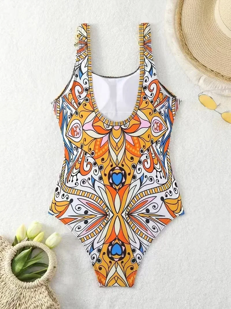 New Sexy Geometric Printed One Piece Swimsuit Women Swimwear Ring Shoulder Monokini High Waist Bathing Suit Bodysuit Beach Wear