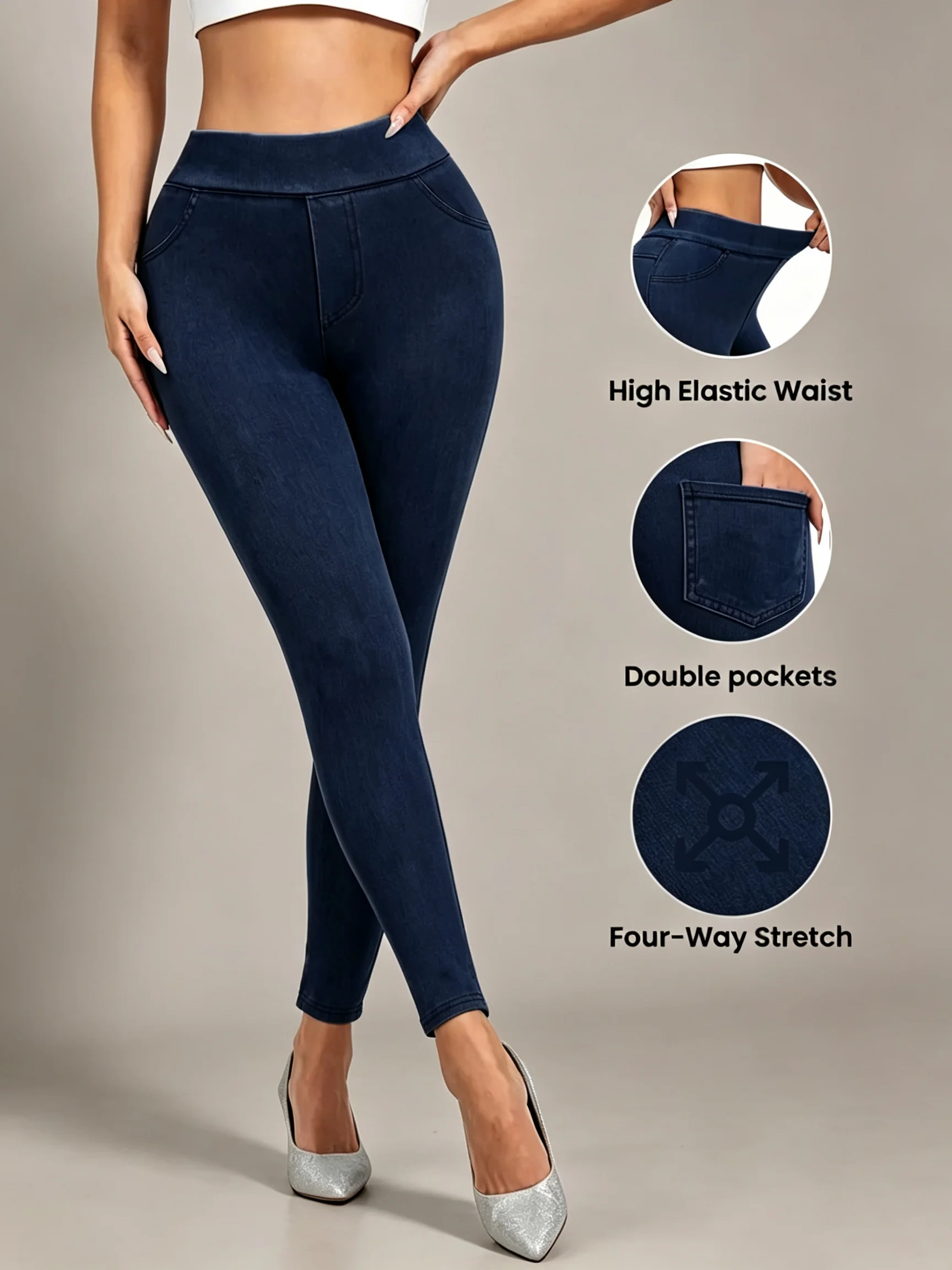 Women's Denim Yoga Leggings Stretch Breathable High Waisted Booty Lifting Leggings Skinny Fitness Tights Workout Running Pants