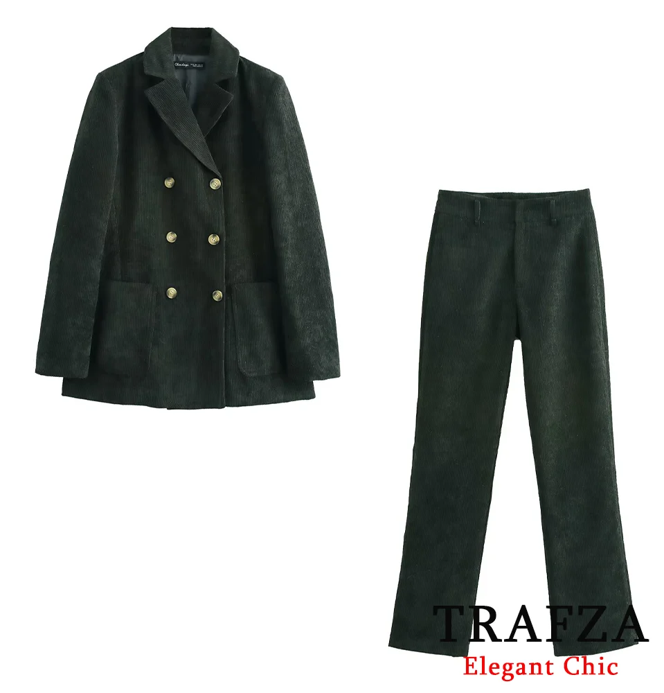 

TRAFZA Elegant Corduroy Blazer Set Women Lapel Double-breasted Blazer+Pant Set New 2024 Fashion Fall Winter Casual Blazer Set