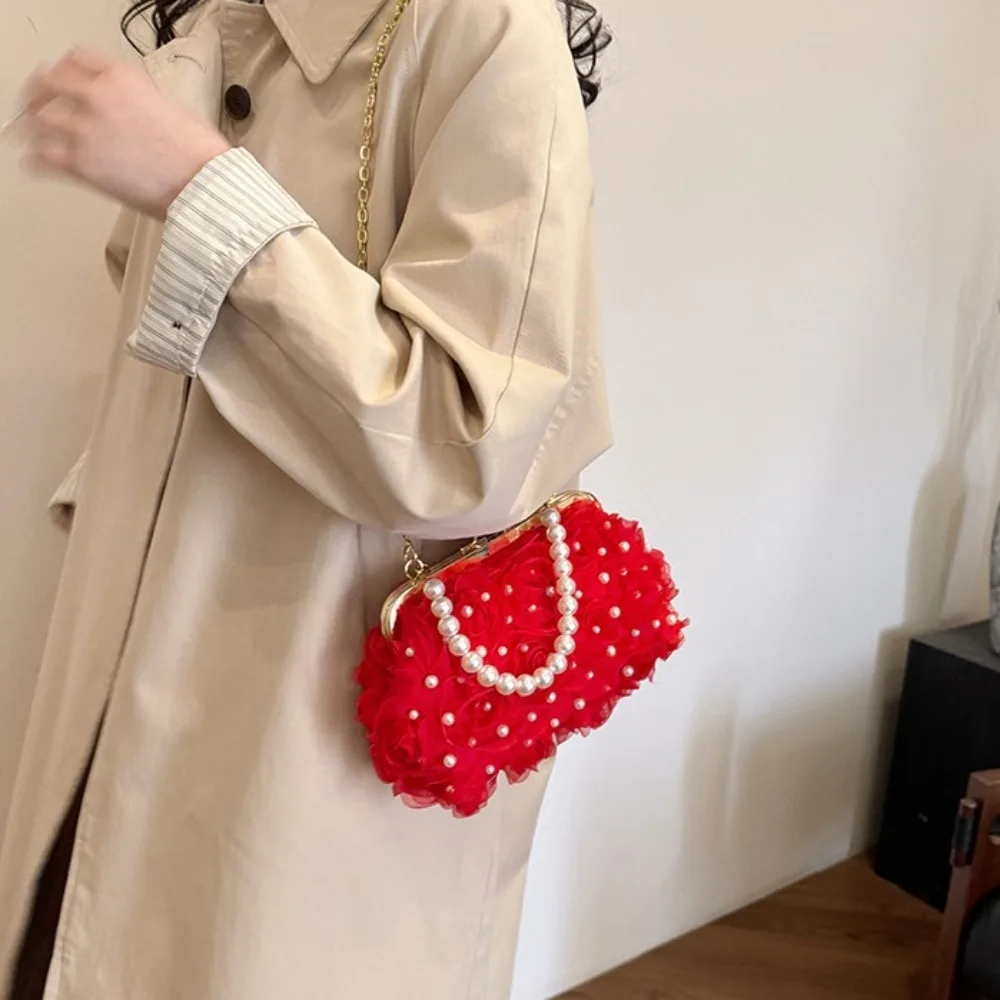 ローズフラワーイブニングバンケットバッグメタルチェーンパールパールチェーンハンドバッグエレガントな小さなクラッチハンドバッグクロスボディショルダーバッグ