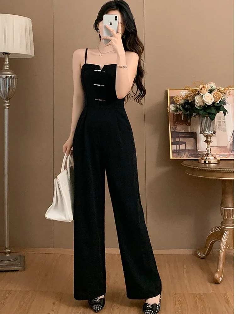 2024 Nowe letnie kombinezony dla kobiet Fashion Design Sexy Black Sling Jumpsuits Ladies Elegant Office OL High Waist Wide Leg Rompers