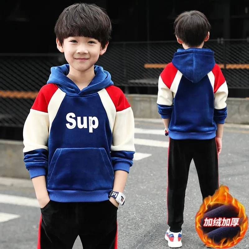 Warm Velvet Sweatshirt Boys 2 Piece Sets Fall Winter Hooded Pullover Children Outfit Thick Jogger Pants Kids Tracksuit Conjunto