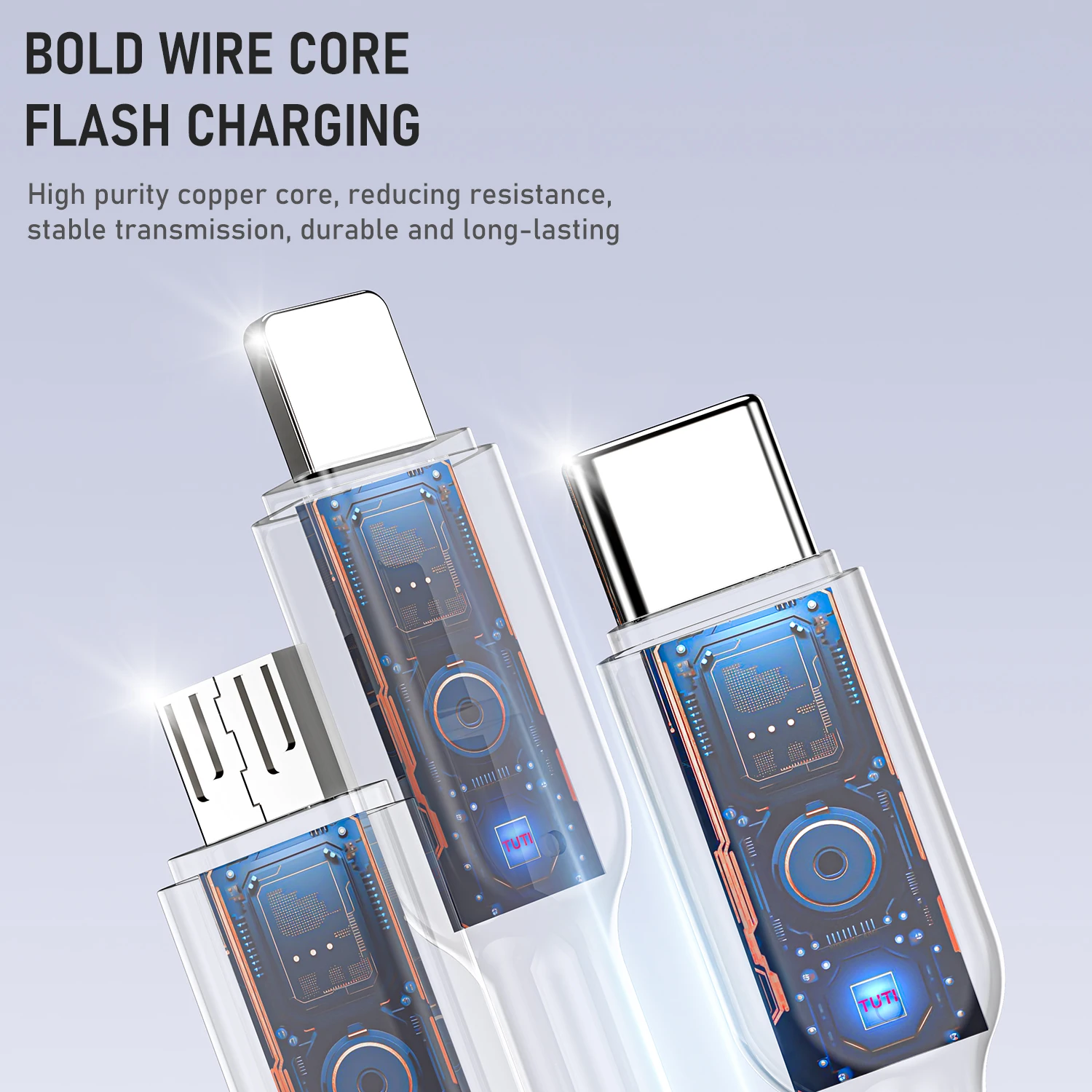 TUTI 3 in 1 USB charger Cable with Lightning Type C Micro USB Connectors for iPhone Android Cell Phones Tablets Use Charging