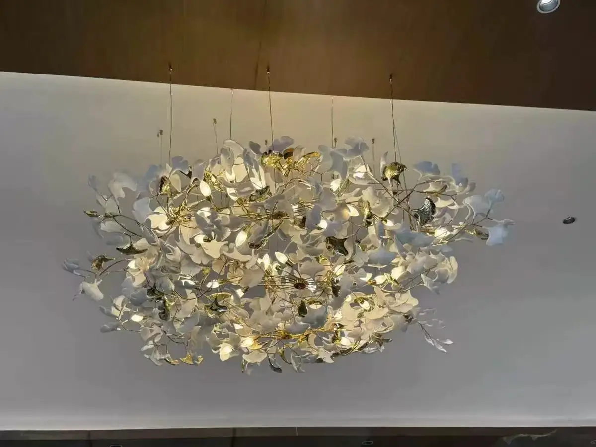 

Scandinavian Modern Nordic Long Chandelier Gold Silver Ginkgo Leaf Pendant Light Living Room Dining Room Bedroom Home Decor