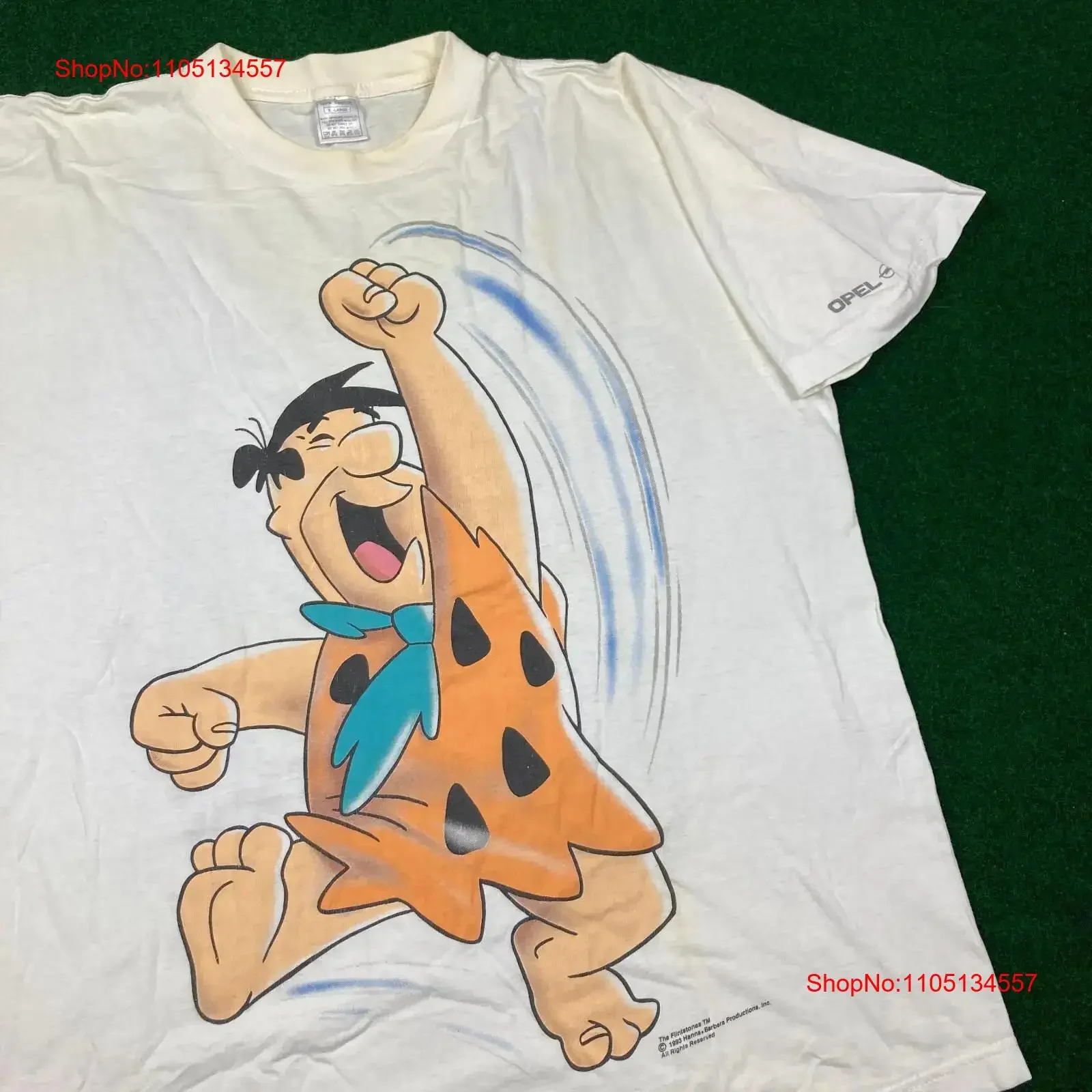 تي شيرت فريد فلينستون الكلاسيكي للرجال XL أبيض 1993 علامة أوروبية Yabba Doo 90s عتيق مغسول قابل للتنفس كاجوال متعدد الاستخدامات