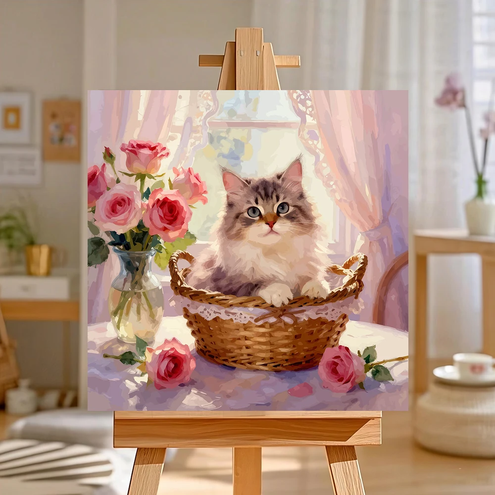 Huacan Malen nach Zahlen: Katze, Tier, Rosenblüte, digitales Ölgemälde, Kätzchen, DIY-Set, handgemaltes Geschenk