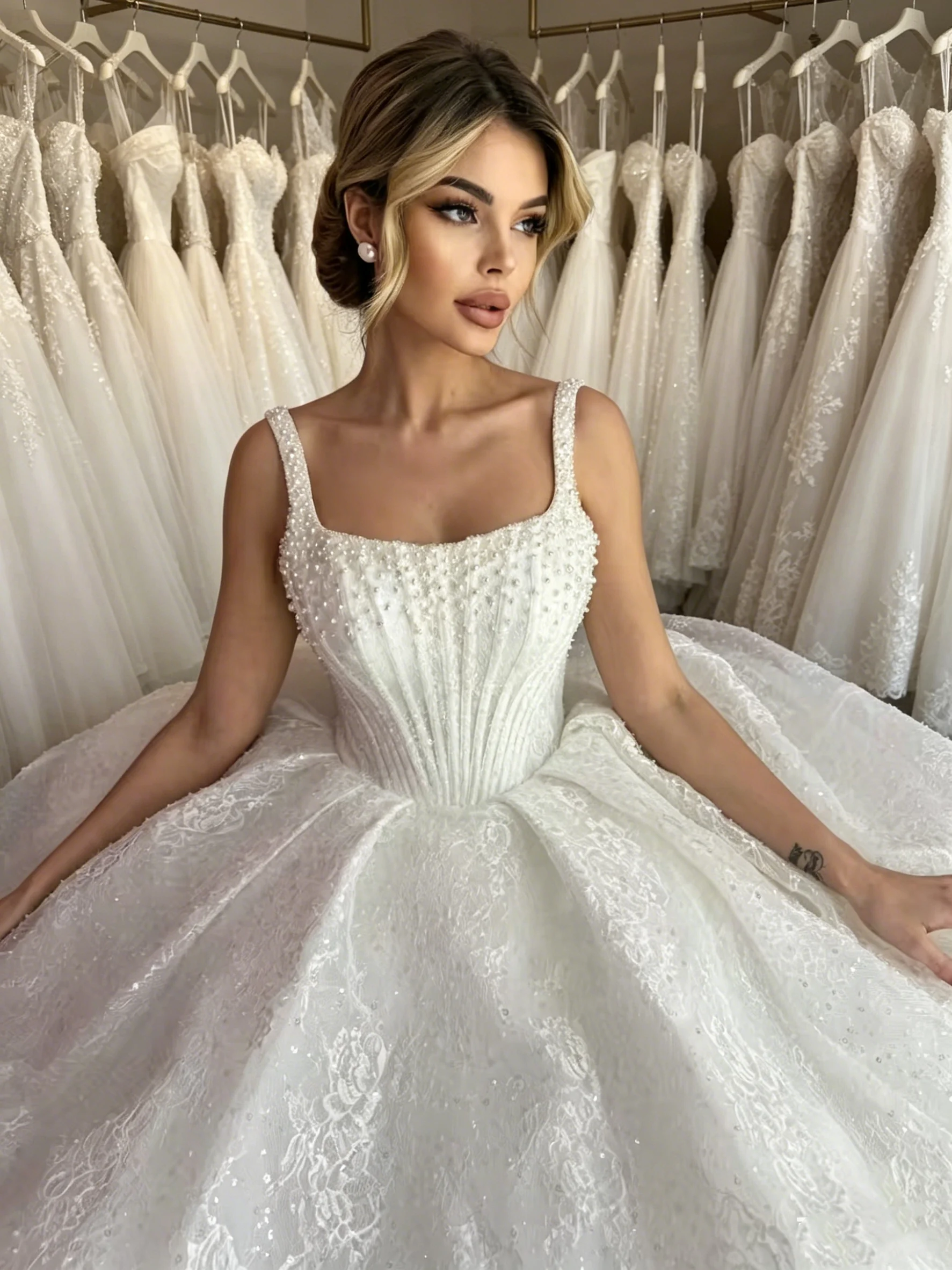 Luxurious Corset Wedding Dress Bead Ball Gown Sleeveless Square Collar Lace Appliques Customized Bride Dress Vestido De Novia