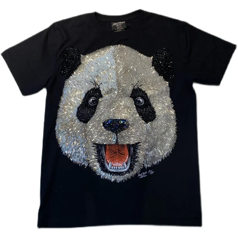 Fashion Brand Heavy Industry Manual Beaded Panda Pattern Short-Sleeved Black T-shirt 2023 Summer Sequined Cotton Round Neck Top