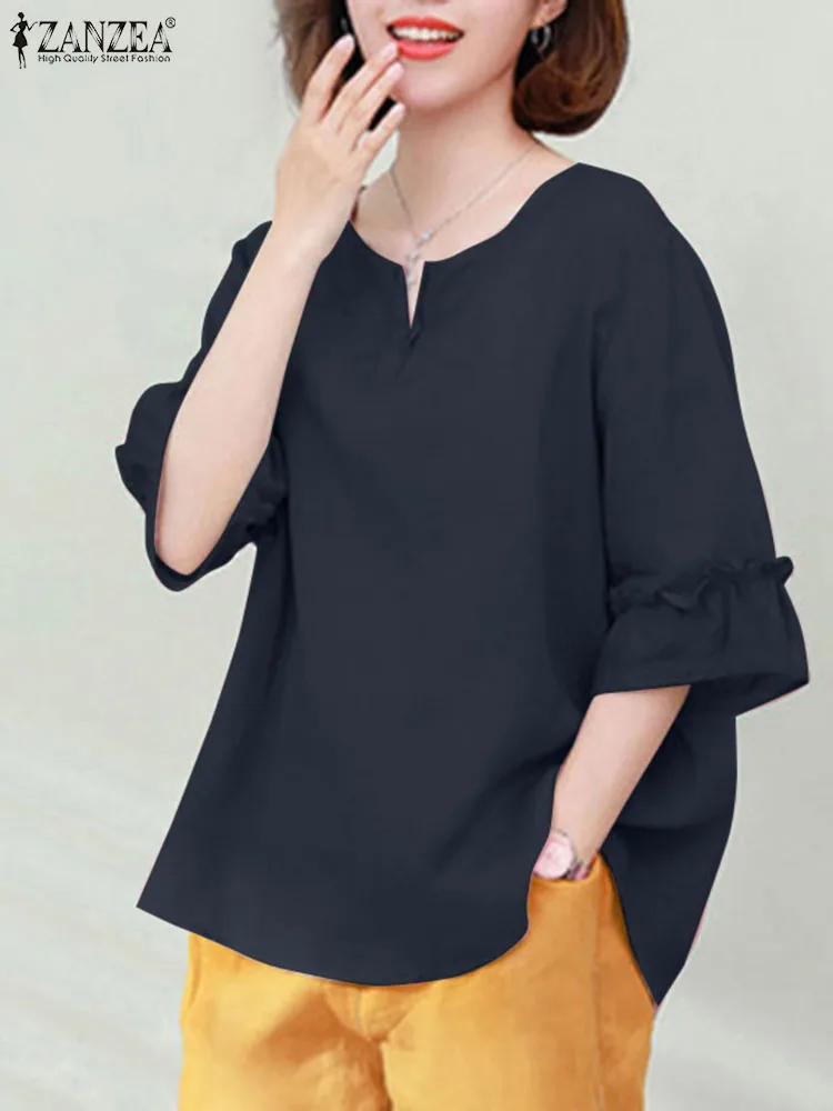 

ZANZEA 3/4 Sleeve Ruffles 2024 Summer Blouses Solid Color Leisure Everyday Holiday Women Tunic Tops Casual Loose V Neck Blusas