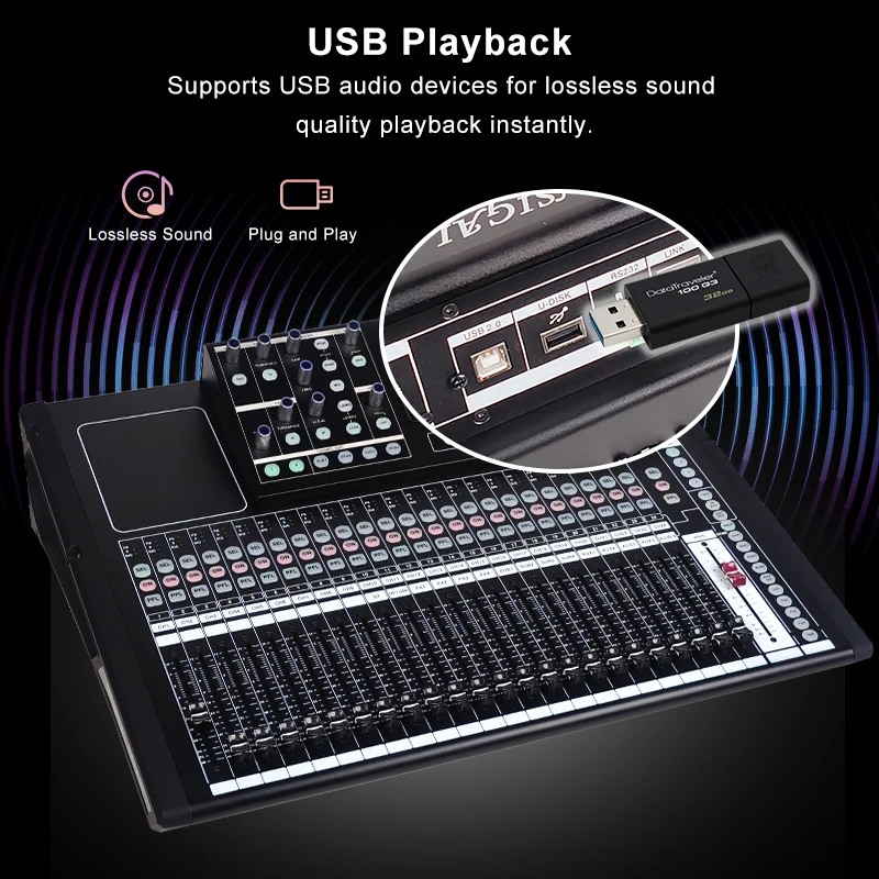 Novo mixer digital de 24 canais, profissional, bluetooth, controlador de gravação ao vivo completo, console de placa de som, misturador digital de áudio