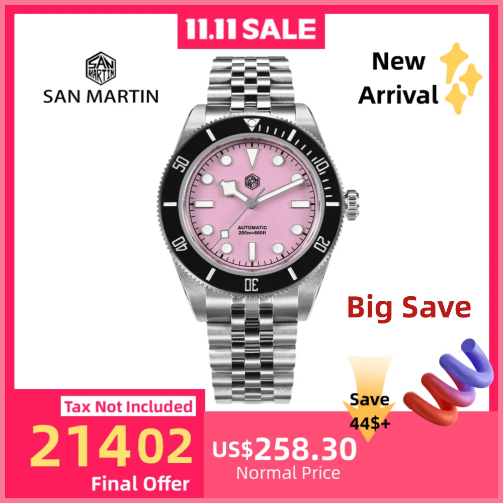 San Martin 40mm Enamel Dial NH35 Automatic Watch Men Brown Bezel Luxury Snowflake BGW-X1 Sapphire Dive SN0128