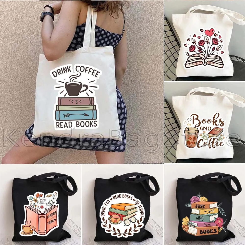 

Floral Aesthetic Book Lover Flowers Books and Coffee Cute Watercolor Read Gifts Canvas Shoulder Bag Female Tote Shopper Handbag