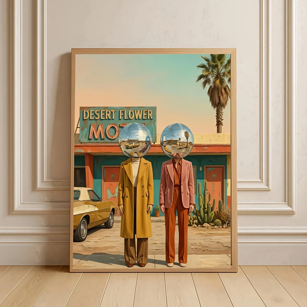 2D Flat, 2D Flat, 1pc Frameless Disco Ball Head Western Poster, Surreal Retro Western Car Canvas Painting, Creative Wall Art,