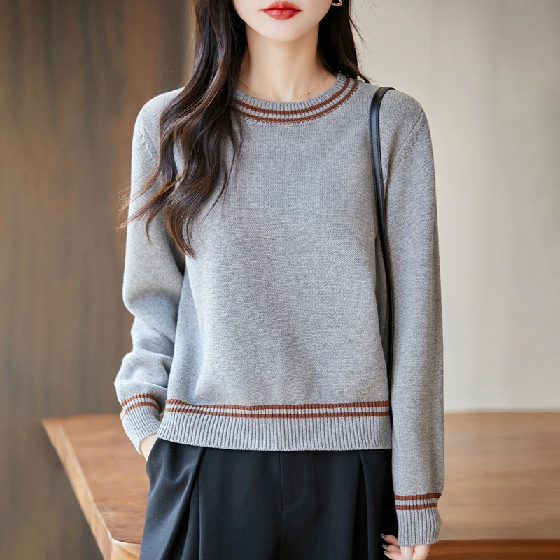 

Autumn and winter women's 100% pure cotton sweater casual O-neck knitted pullover loose color matching hot selling women's top