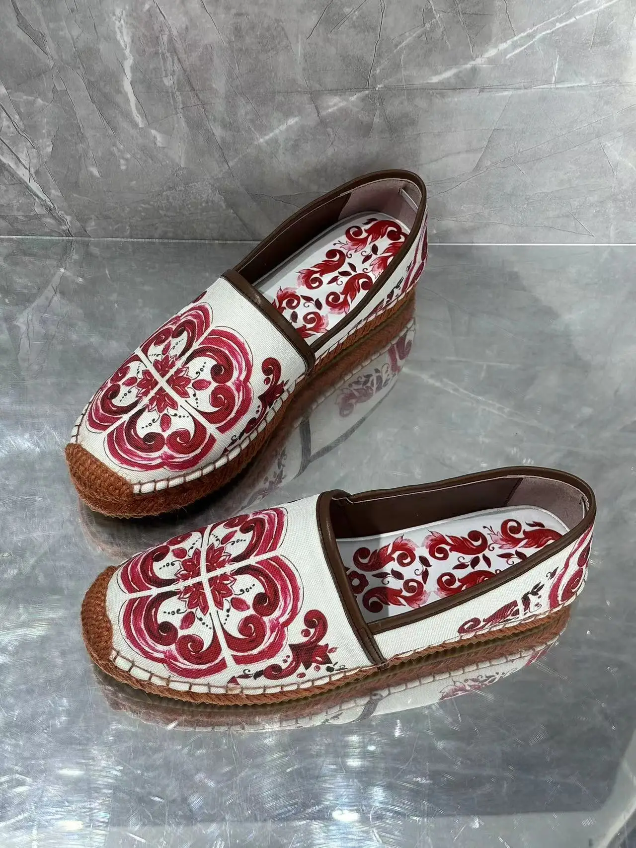 

Blue and White Porcelain Hand-Painted Flats Hemp Rope Everyday Casual Fisherman Loafers Slip-On Women's Shoes Chaussure Femme