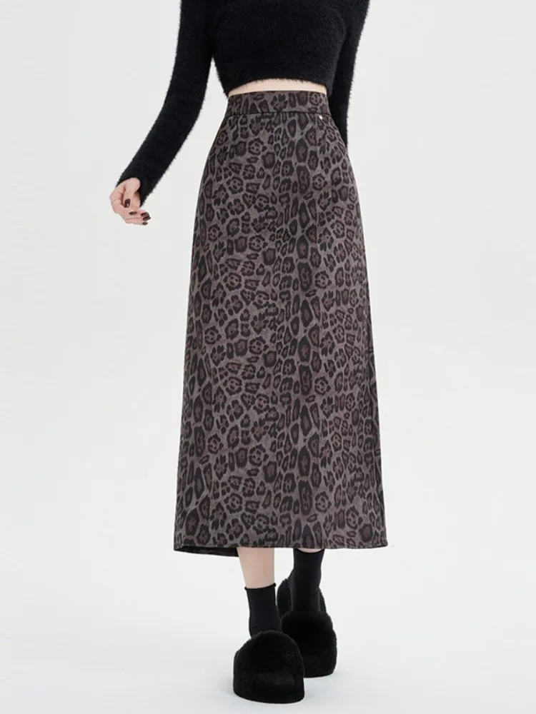 Retro Spicy Girl Leopard Print Woolen Midi Skirt High Waist A-Line f Body Skirts for Women Autumn Winter Loose Elastic Skirts