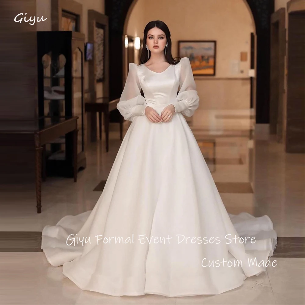 

Giyu Simple Dubai Arabic Women A Line Soft Satin Wedding Dresses Modest Puff Long Sleeves V Neck Sweep Train Bridal Gowns