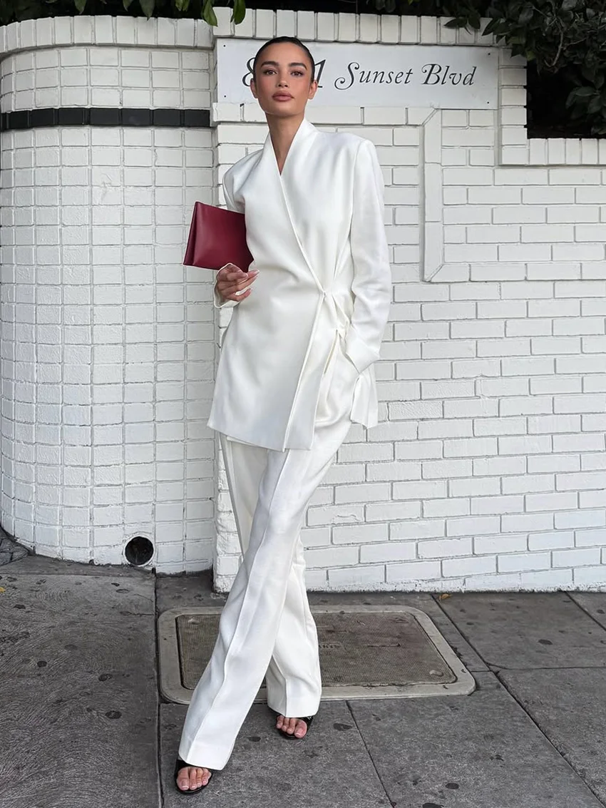 

Marthaqiqi White Ladies Sleepwear Set Long Sleeve Robe Lace Up Nightwear Sexy V-Neck Nightgowns Pants Casual Female Pajamas Suit