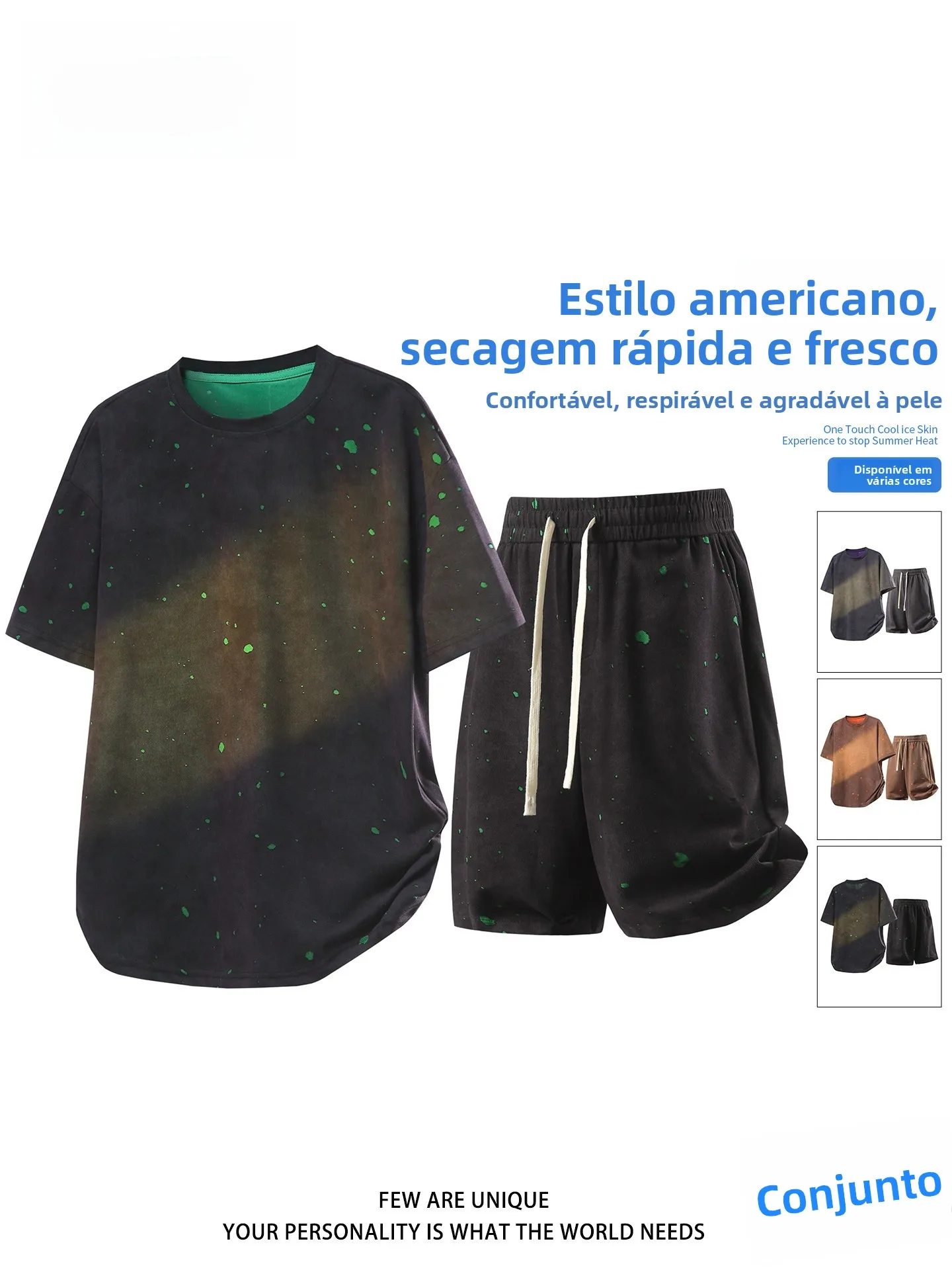 Conjunto de camiseta e shorts masculino moderno para o verão, visual esportivo casual com design perfurado, conjunto completo...