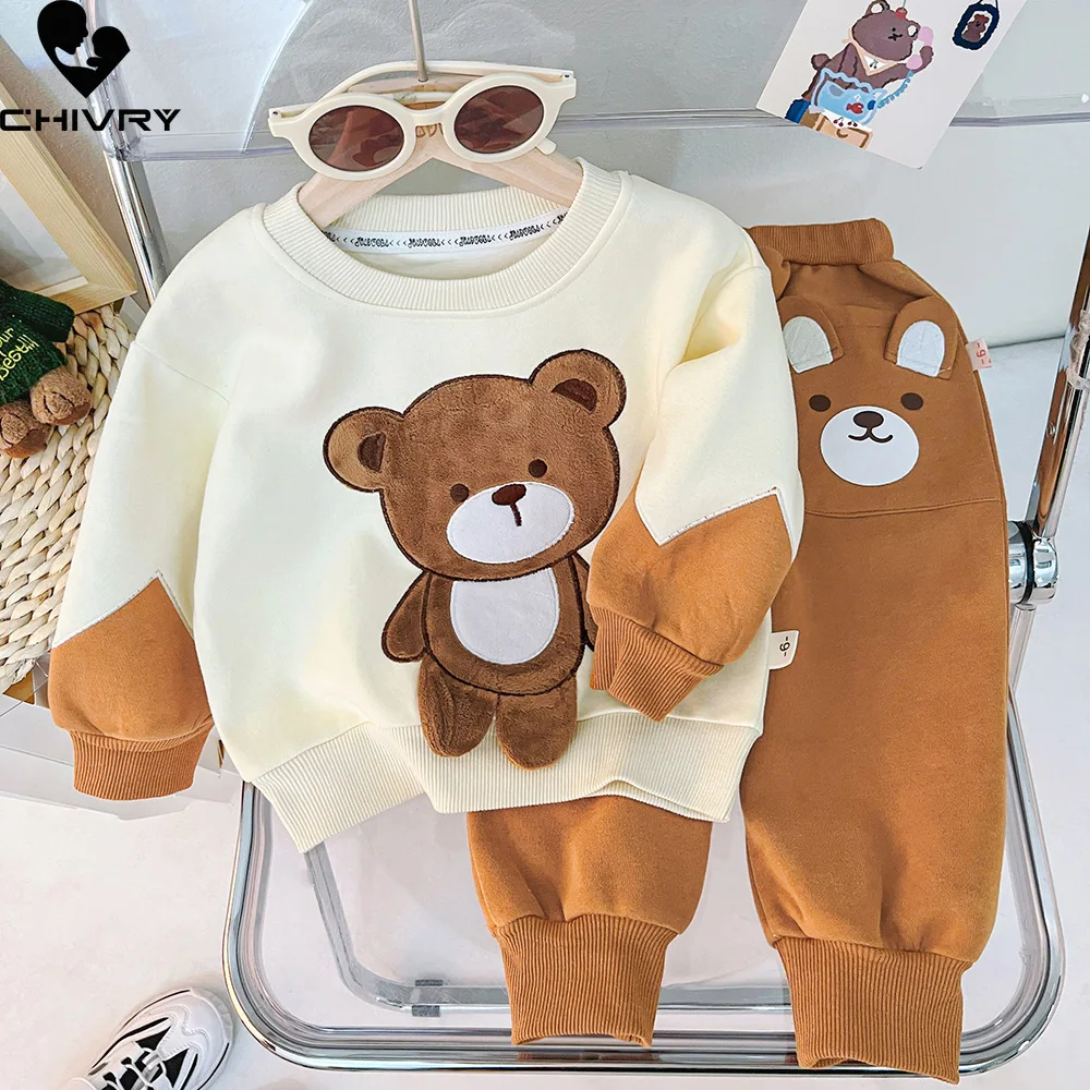 New Spring Autumn Baby Cute Cartoon Bear Long Sleeve Fashion Pullover Sweatshirt Tops with Pants Kids Boys Casual Clothing Sets