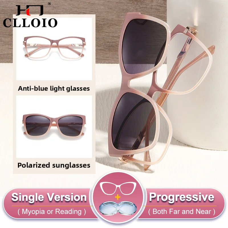 

CLLOIO Large Frame Magnetic Clip Anti Blue Light Polarized Prescription Myopia Glasses Fashion Women Driving Anti-UV Sunglasses