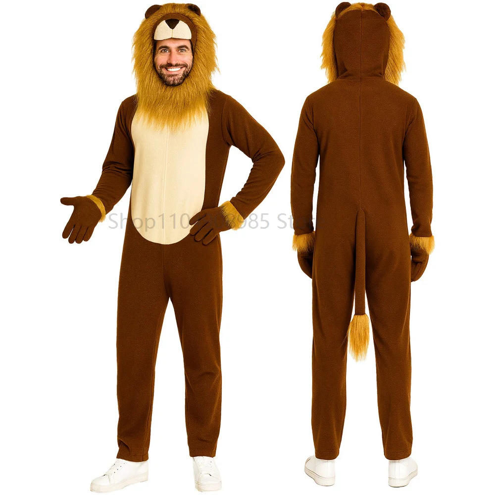 

2025 Adult Lion Holiday Fancy Dress Up Men Animal Lion Onesie Hood Costume Women Cat Lioness Costume