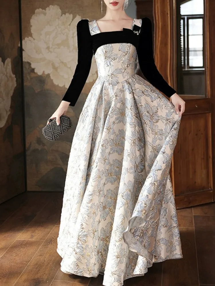 Customized Square Collar Long Sleeve Patchwork Wedding Party Vestidos Slim Waist Pleated Elegant Evening Dress Flower Printed Pr