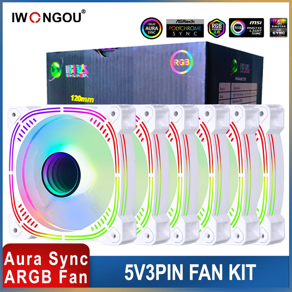 ARGB Fan 120mm Silent 3 Pin 5v Aura Sync 6pack Kit Fan Ar12 Pro 4pin PWM Ventilador IWONGOU Quiet Computer Cooler Fan