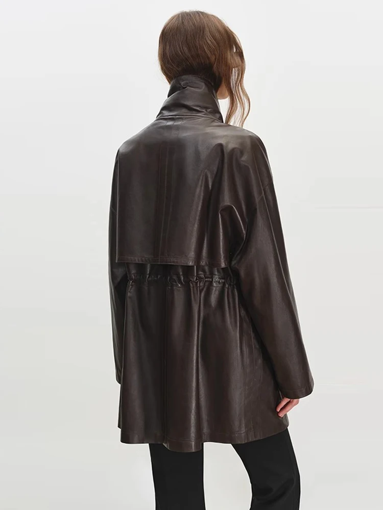 ความยาวกลางของแท้หนัง Windbreaker แจ็คเก็ตผู้หญิงฤดูใบไม้ผลิฤดูใบไม้ร่วง High-end Simple STAND COLLAR นุ่ม Real Sheepskin Coat