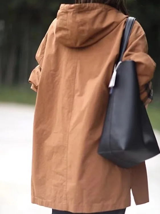 Ele Cotton Hooded Women's Jaet Versatile Loose Slimming Autumn Simple Matching Mid-Length Outerwear Trendy