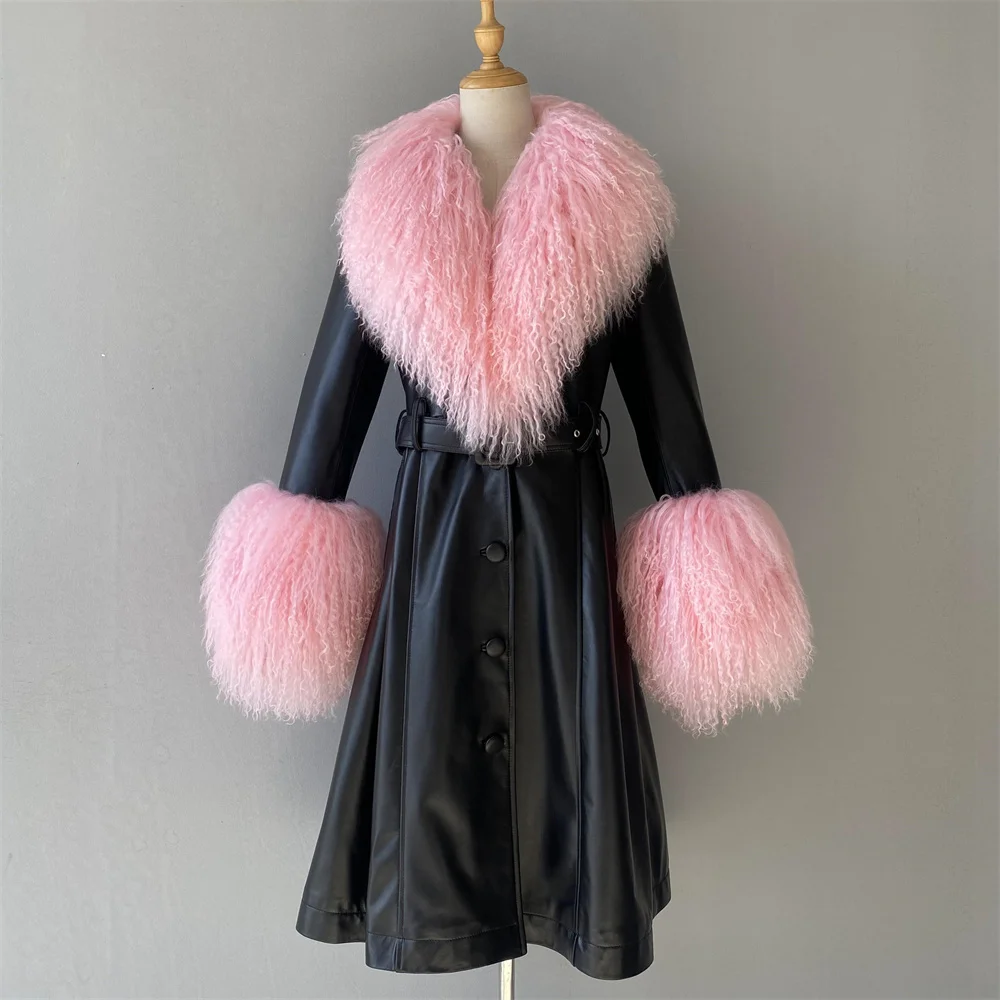 Jaxmonoy Cappotto in pelle di pecora da donna con pelliccia naturale mongola Lady Autunno Cappotti lunghi in vera pelle 2025 Nuovo arrivo Capispalla