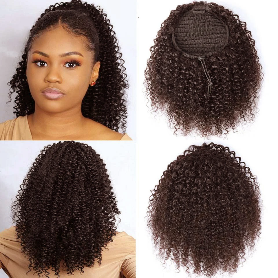 2# Dark Brown 10-24Inch Afro Kinky Curly Ponytail Hair Piece for African American Ponytail Extension Afro Kinky Curly Ponytail for Women Afro Puff Drawstring Clip on Kinky Curly Bun for Women Curly Drawstring Ponytail Extension