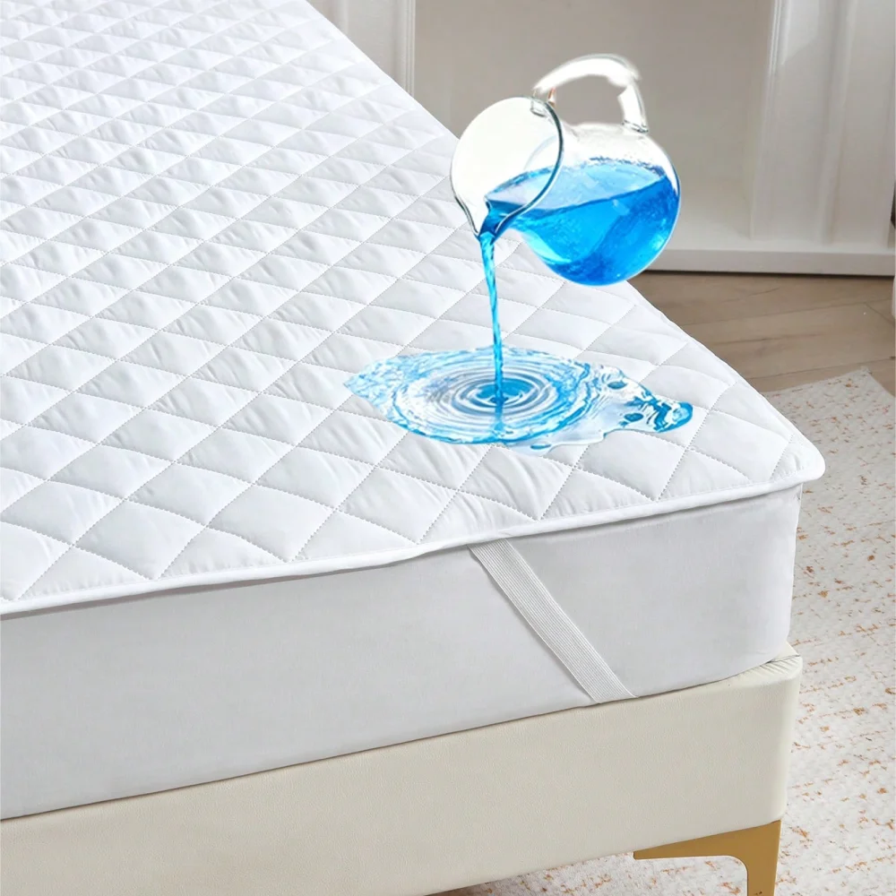 Protector de colchón a cuadros 100% impermeable | Patrón de rejilla cuadrada, correas de esquina elásticas, se adapta a colchones de hasta 30 cm