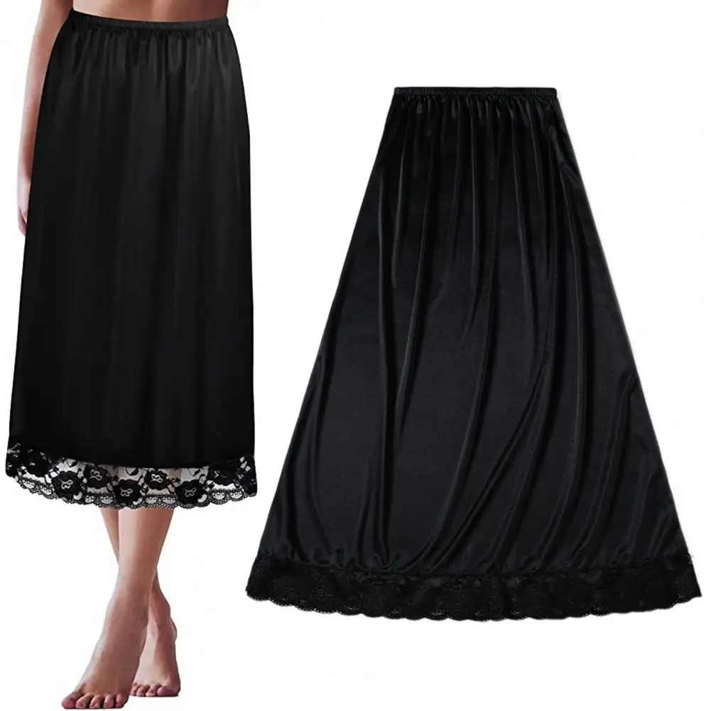 Women Skirt Extender Lace Trim Underskirt Knee Length Midi Skirt A-Line Dress Elastic Casual Skirt Underskirt Petticoat