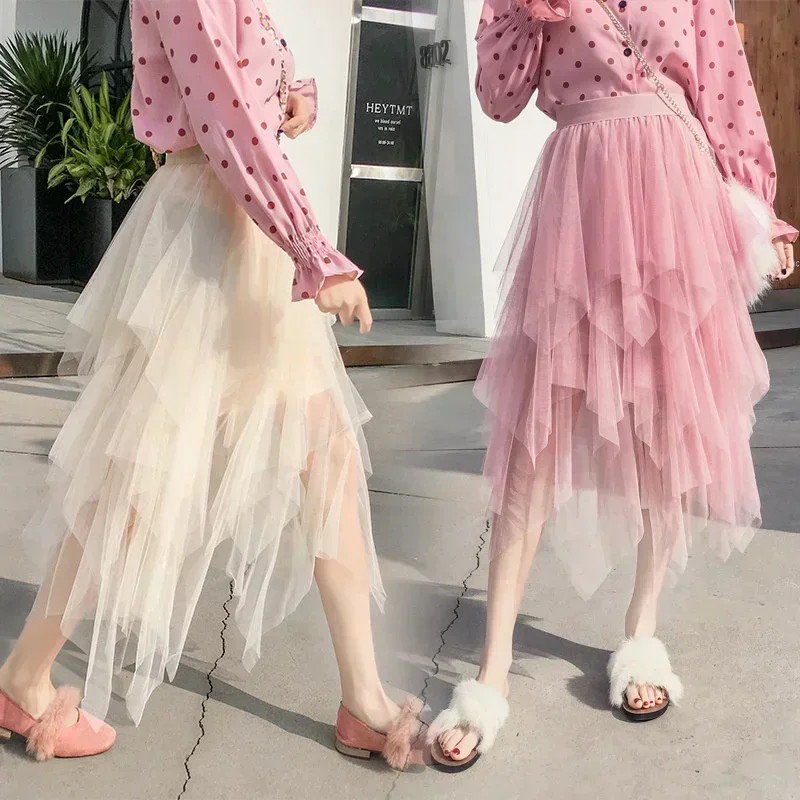 Moda Estate Tutu Gonna da donna Harajuku Tulle Fondo Faldas Casual Vita alta Midi Maglia Gonne Donna Vestiti Saia Jupe Femme