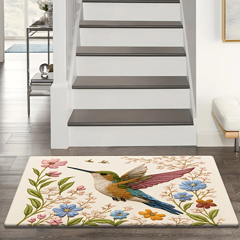 2D Flat Printing Polyester Material Door Mat, Fun Welcome Mat | Hummingbird Soaring in Flowers, Surrounded by Pink Blue Flower