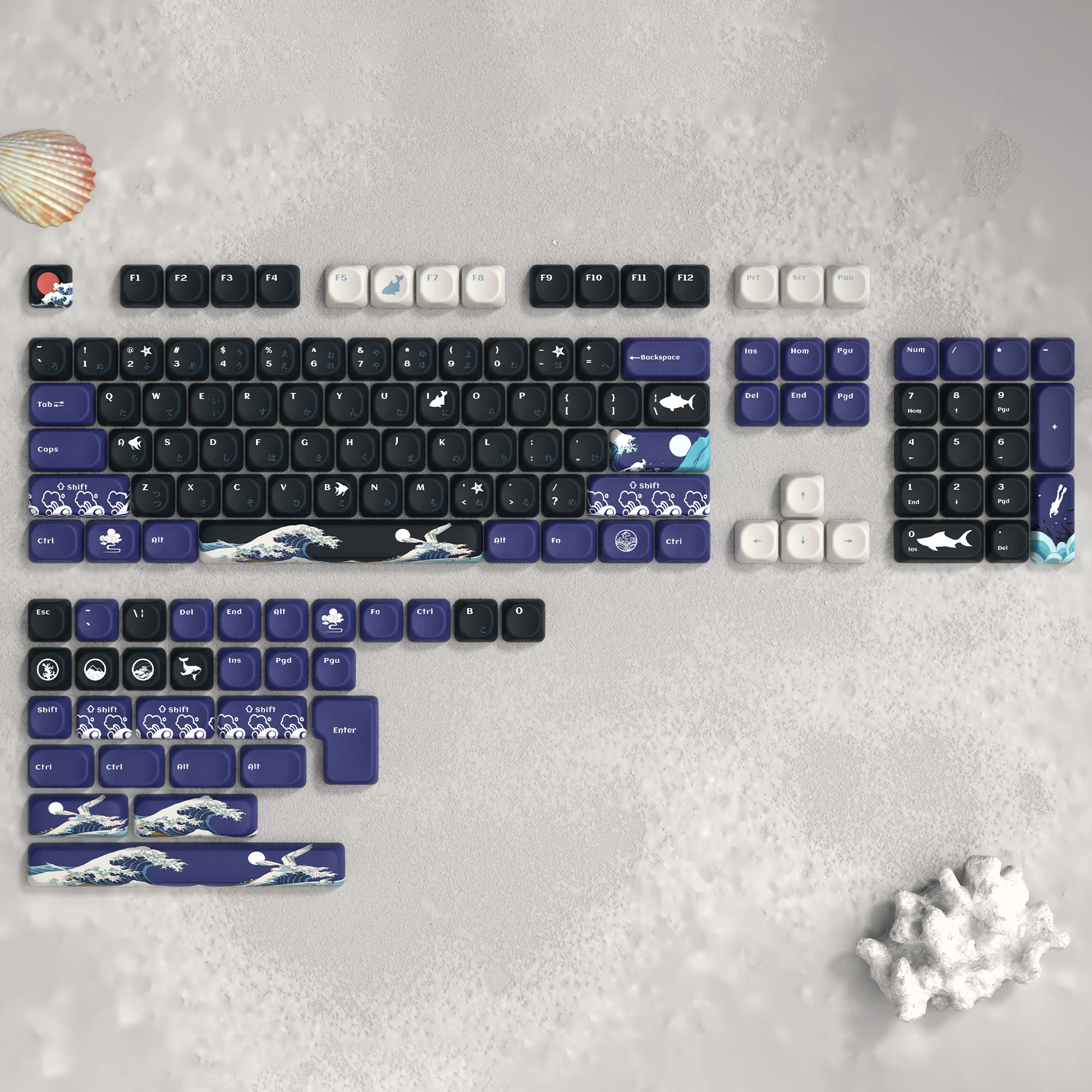 134 Keys Black Kanagawa Theme Japanese Keycaps MOA Profile Dye-Sublimation PBT Keycaps for Cherry MX Switch Mechanical Keyboard