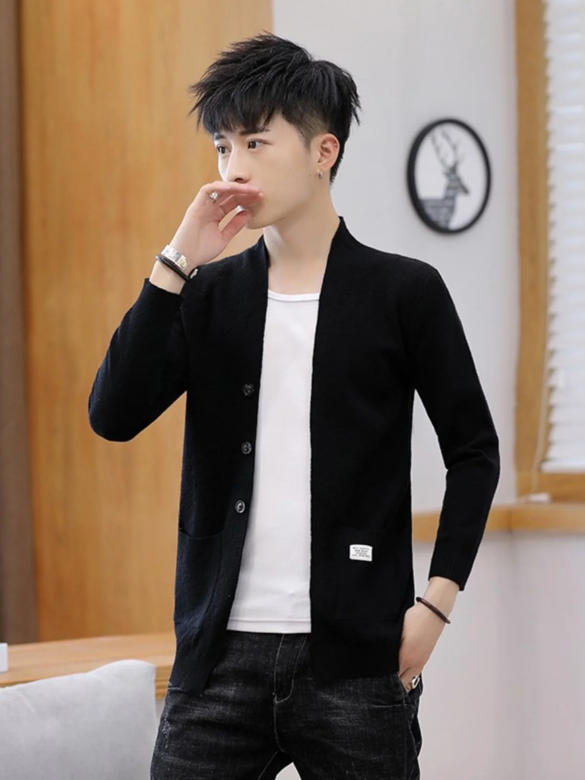 

Мужской вязаный кардиган, приталенный, повседневный, легкий, весенне-осенний, модный свитер-пальто, трендовый, с V-образным вырезом, цветной