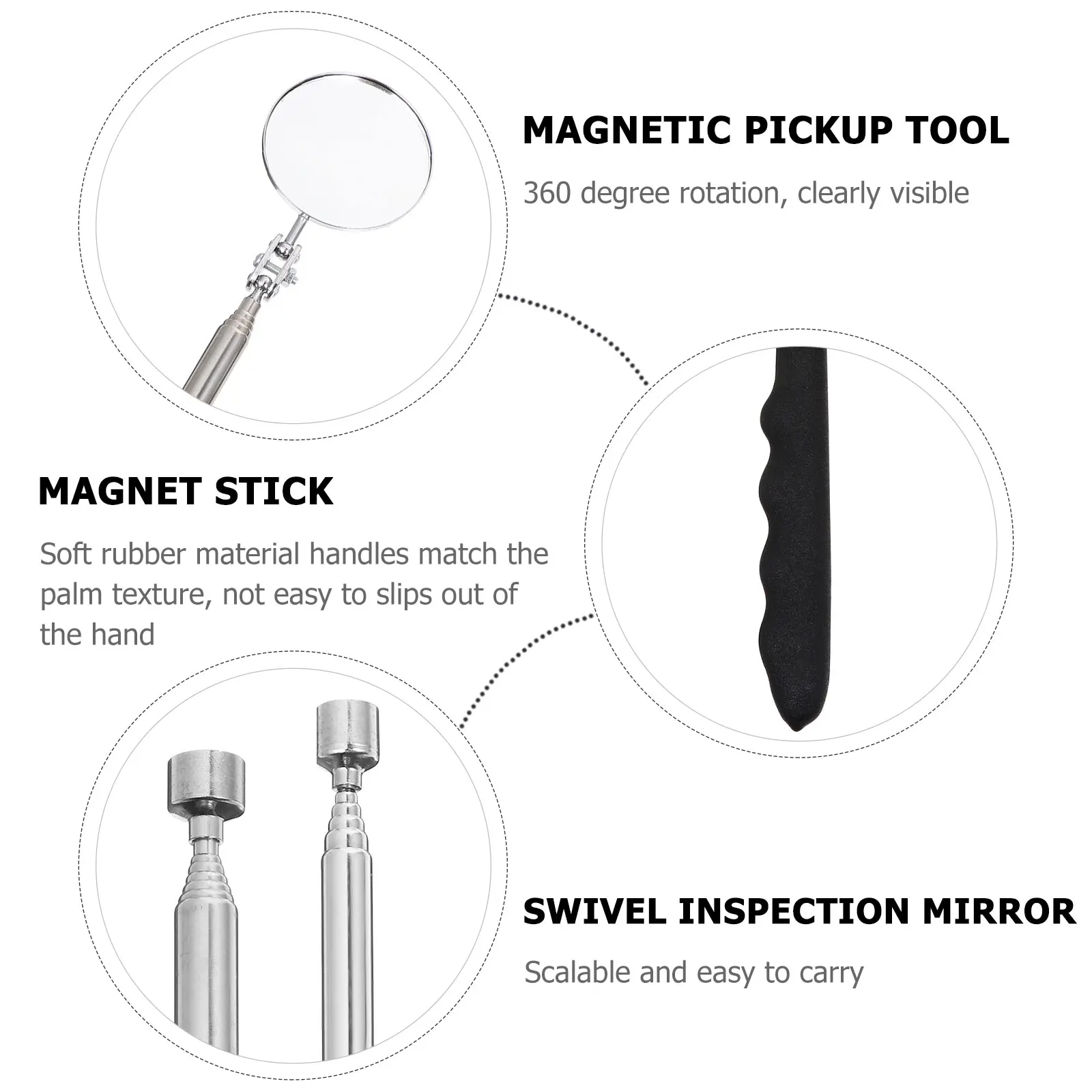 

5 Pcs Vehicle Inspection Mirror Telescoping Magnet Magnetic Stainless Steel Man