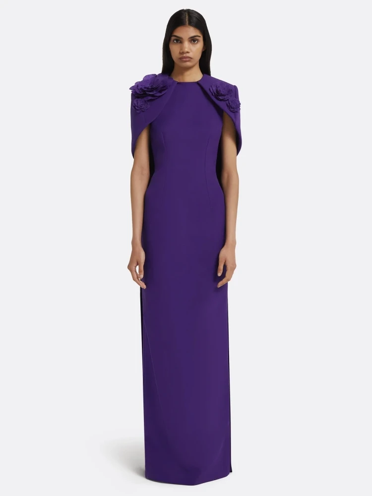 

Sexy O Neck Cape Sleeves Flowers Maxi Dress Women Purple Short Sleeves Applique Floral Slim Dresses Evening Party Gowns