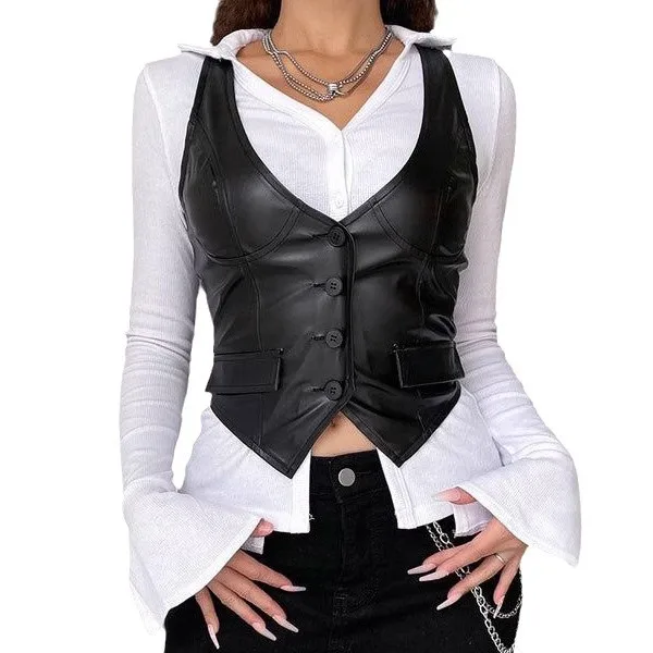 Rompi Wanita Kulit Imitasi Mantel Solid Tanpa Lengan Kerah V Kancing Tunggal Slim Kasual Streetwear Musim Gugur Musim Dingin 2025
